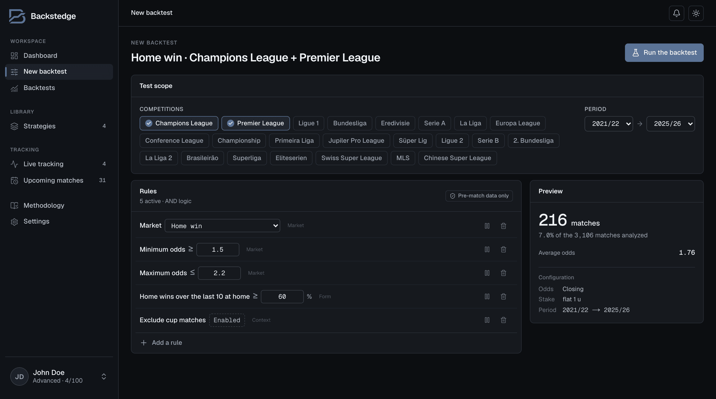 The strategy builder: market, competitions, rules with operators and values, matching-match count preview, Run backtest button